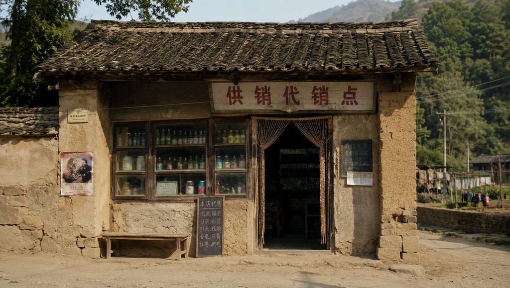 乡村代销店,土墙木门,竹帘门帘,货架陈列商品,怀旧写实风格