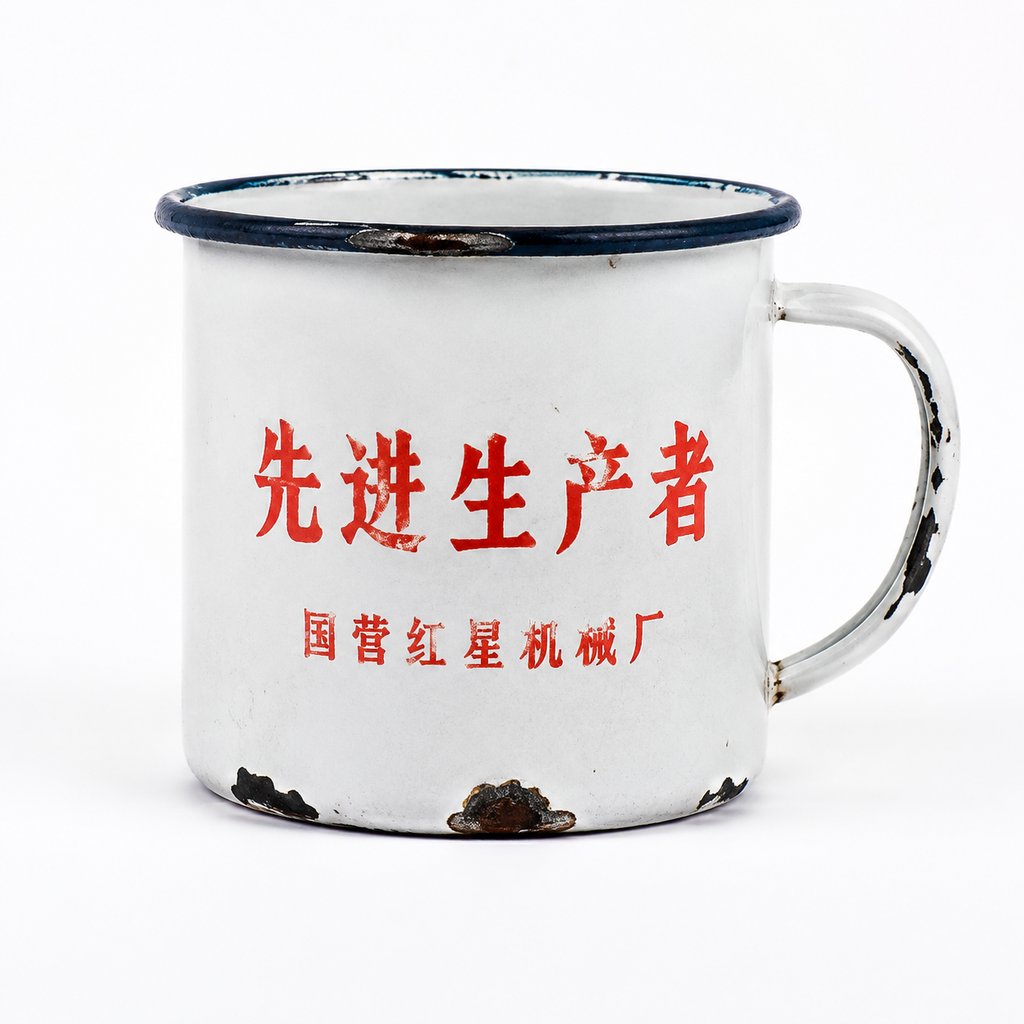 怀旧搪瓷缸，白底红字，掉漆磨损，年代感写实道具