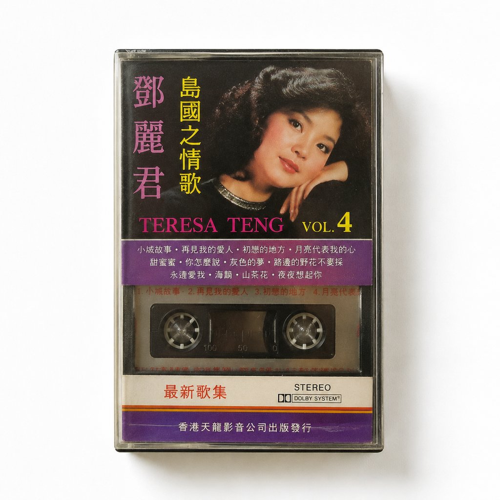 邓丽君岛国之情歌磁带封面,复古彩色标签,写实怀旧风格