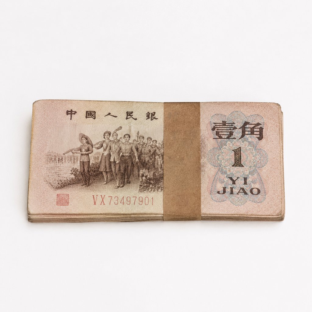 老版一角人民币钞票堆叠，彩印图案与水印细节，怀旧写实风格
