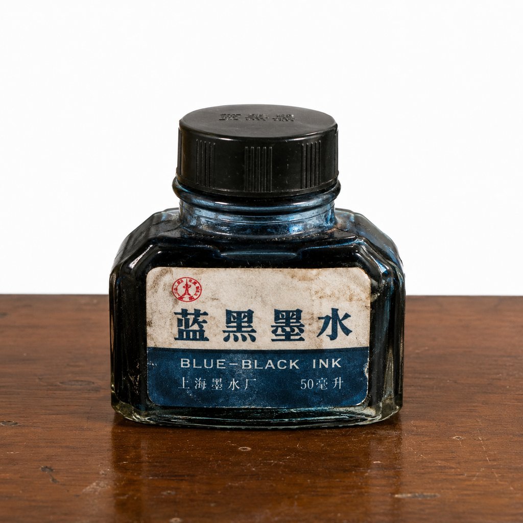 复古蓝黑墨水瓶，玻璃瓶身配纸标签，黑色瓶盖，年代感怀旧写实风格
