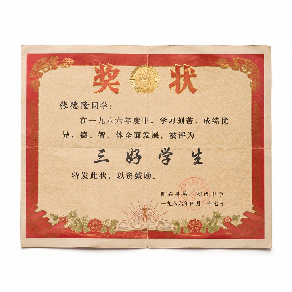 复古三好学生奖状，红框烫金文字，怀旧风格写实道具