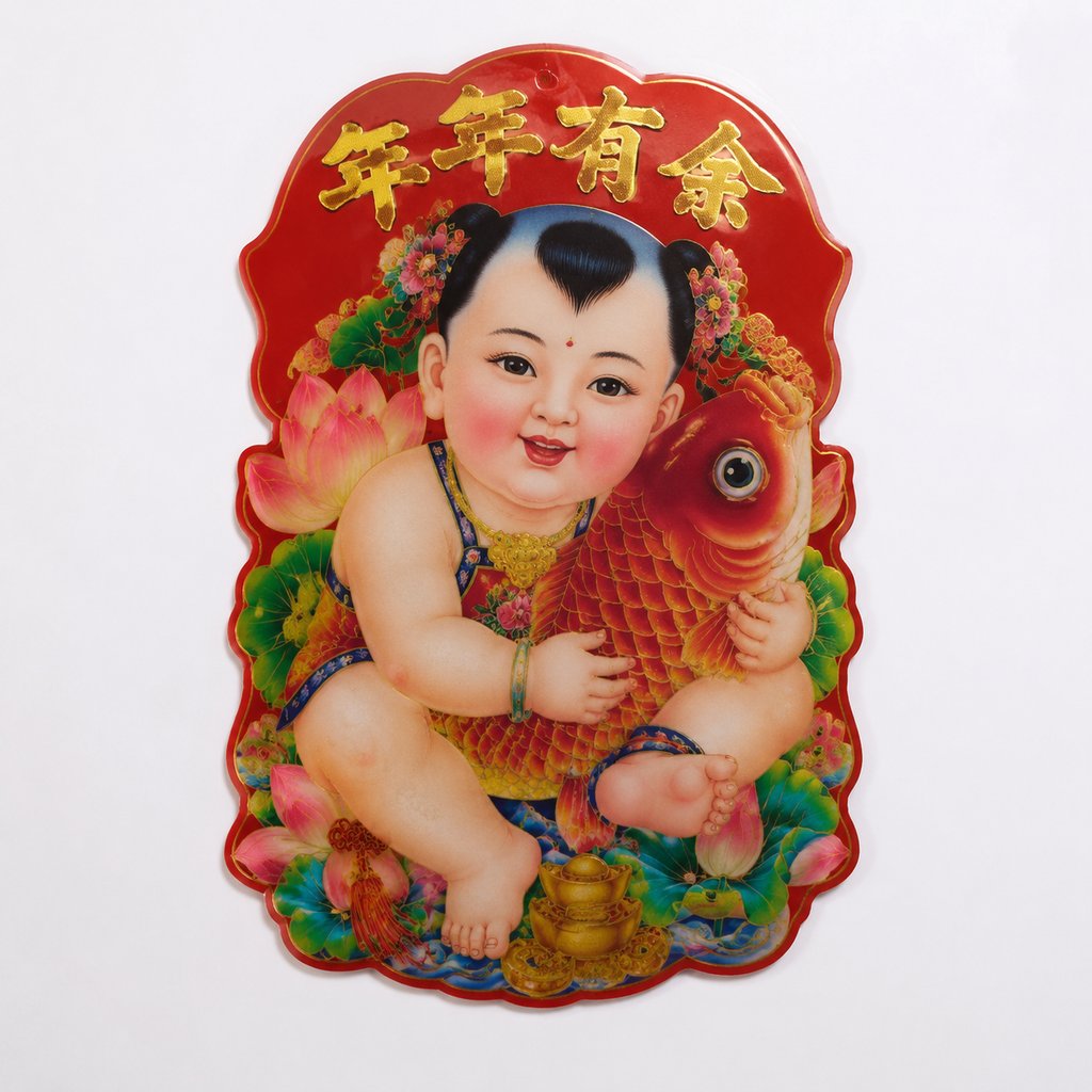 红色年画风格胖娃娃抱着金鱼,背景莲花与金元宝,传统吉祥图案