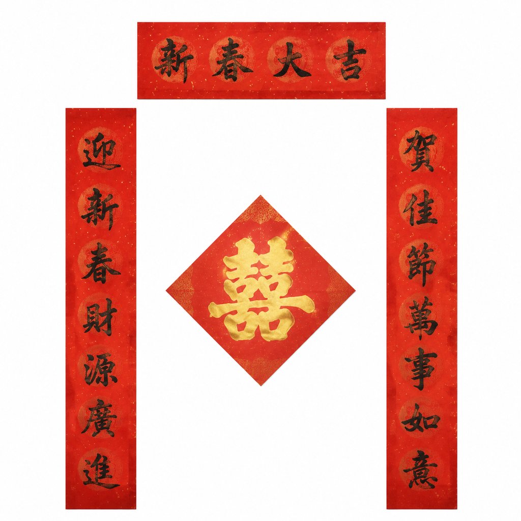 红色春联配烫金双喜字,传统春节装饰,写实风格