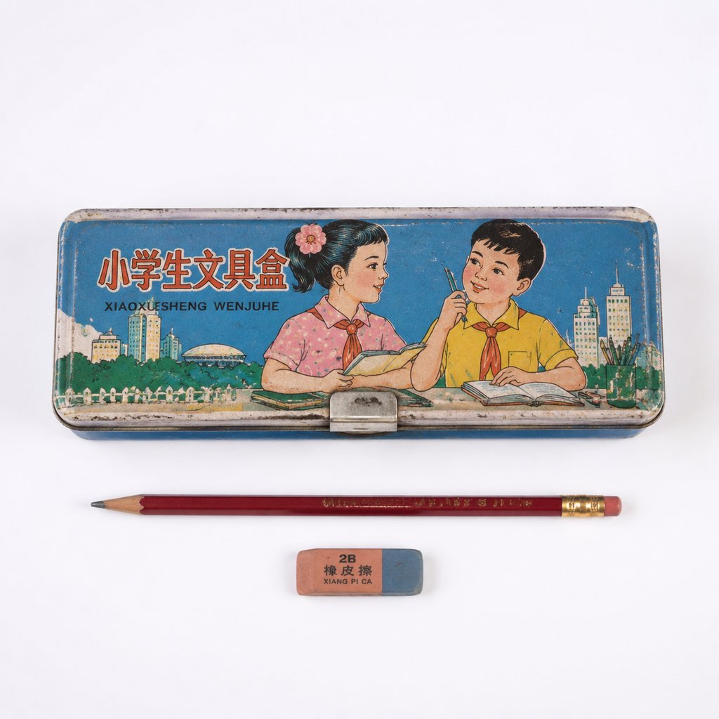 复古铁皮文具盒，彩印卡通图案，磁扣设计，配铅笔和橡皮擦，怀旧写实风格
