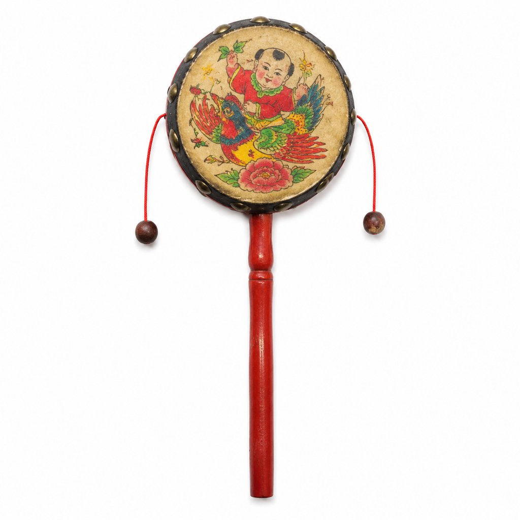 红色手柄拨浪鼓,彩绘童子骑凤图案,双耳木珠,复古怀旧风格