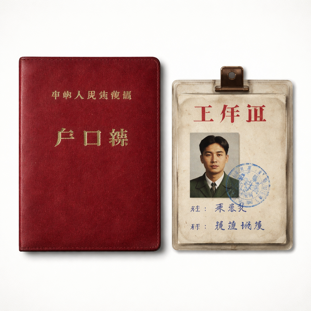 红色户口本与复古工作证,烫金文字与钢印,怀旧写实风格