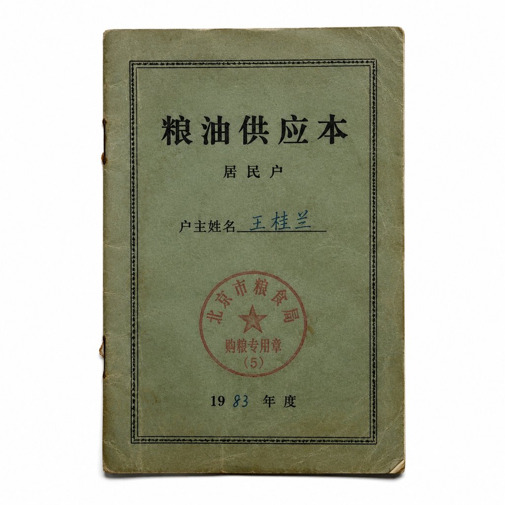 1983年北京粮油供应本封面，绿色封皮，红色公章，怀旧写实风格