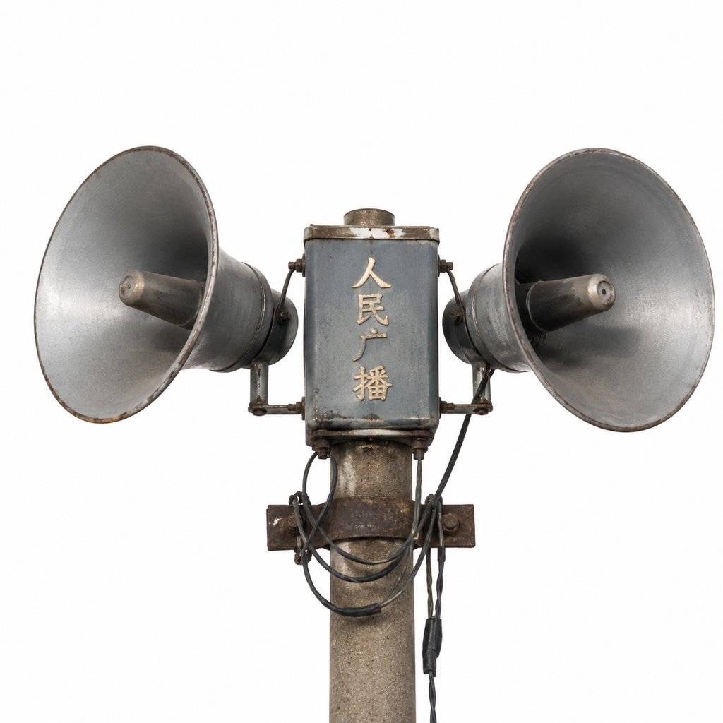 复古铁皮广播喇叭，双扬声器对称设计，中央标有'人民广播'字样，怀旧写实风格