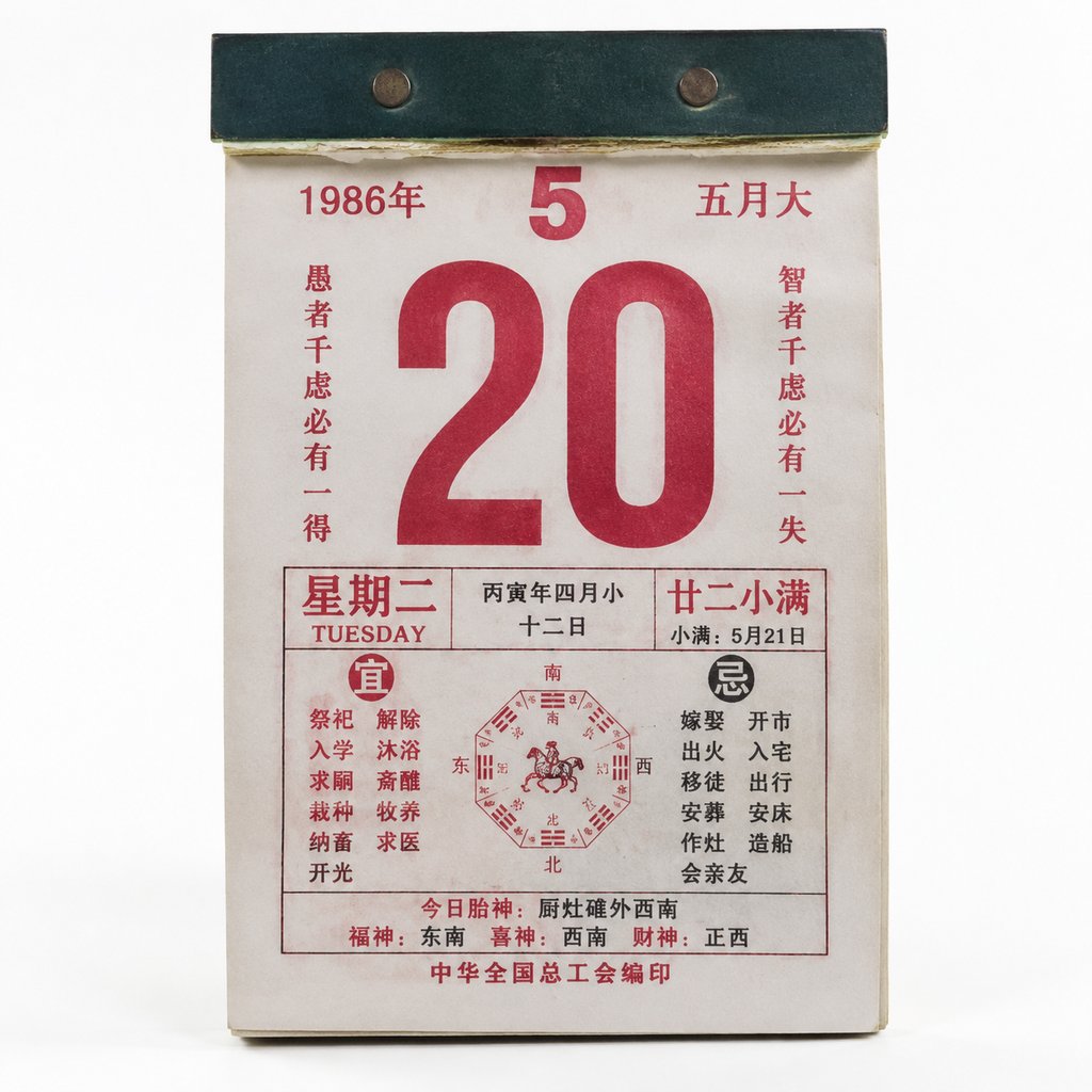 1986年5月20日老式撕页台历，红色数字与传统宜忌内容，怀旧写实风格