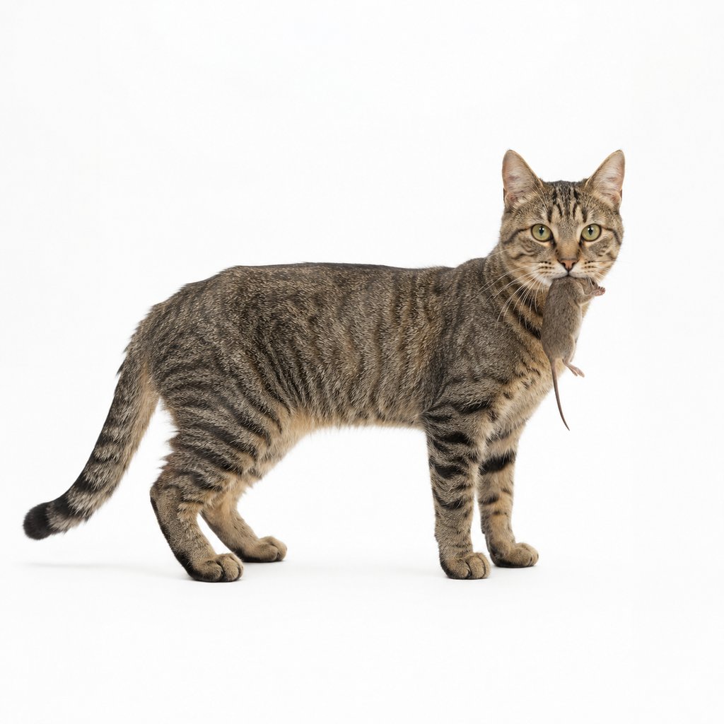 狸花猫叼着老鼠，虎斑纹毛色，写实风格，白色背景
