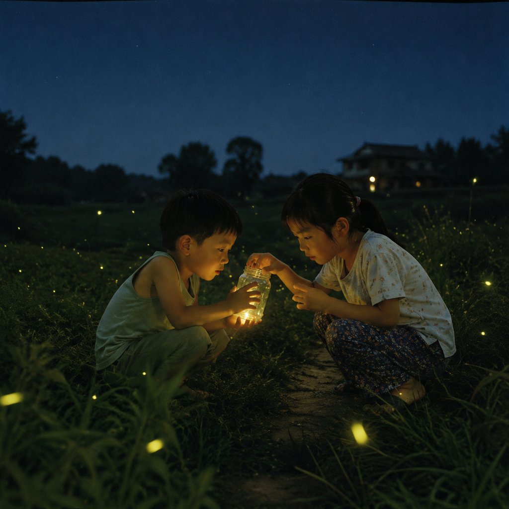 两个孩子在夏夜草地上捉萤火虫，手中玻璃瓶闪烁微光，背景是朦胧的乡村房屋和星空，写实怀旧风格