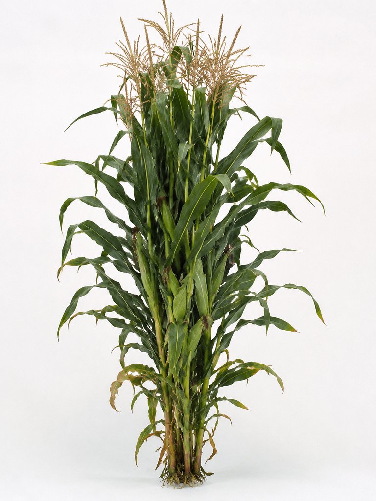青绿高秆玉米植株，宽叶茂盛，顶端金黄花穗，写实风格3D参考图