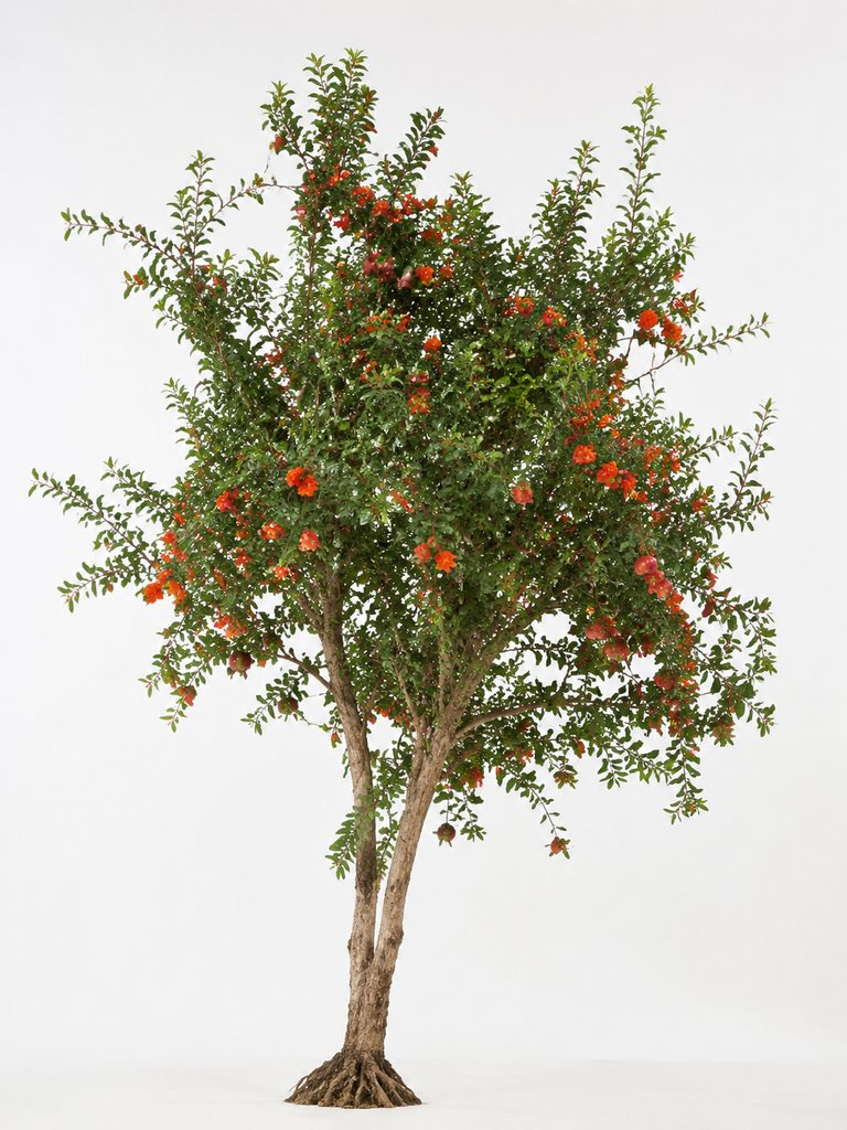 院角石榴树，红花红果绿叶繁茂，写实风格3D植物模型