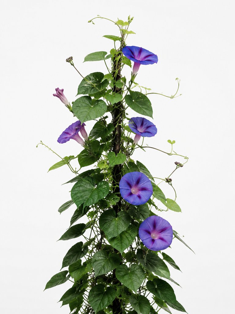 蓝紫色牵牛花攀爬藤蔓，心形绿叶环绕，写实风格植物图