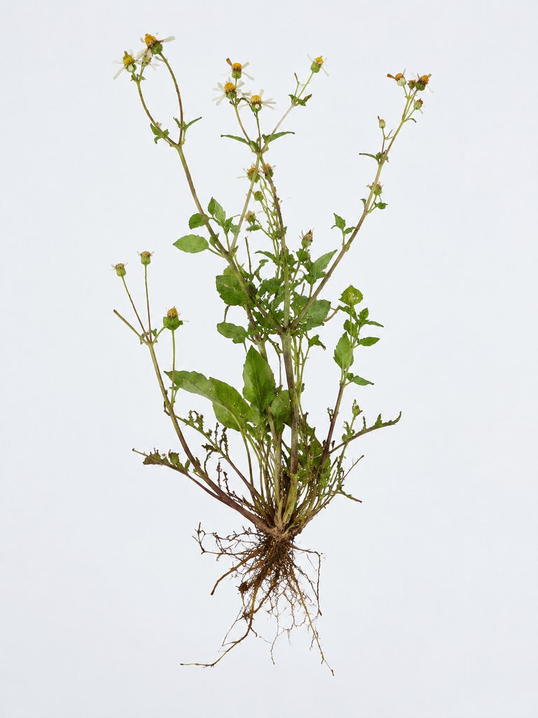 田埂野花，带根系的写实植物，星点小花点缀绿叶，自然乡野风格