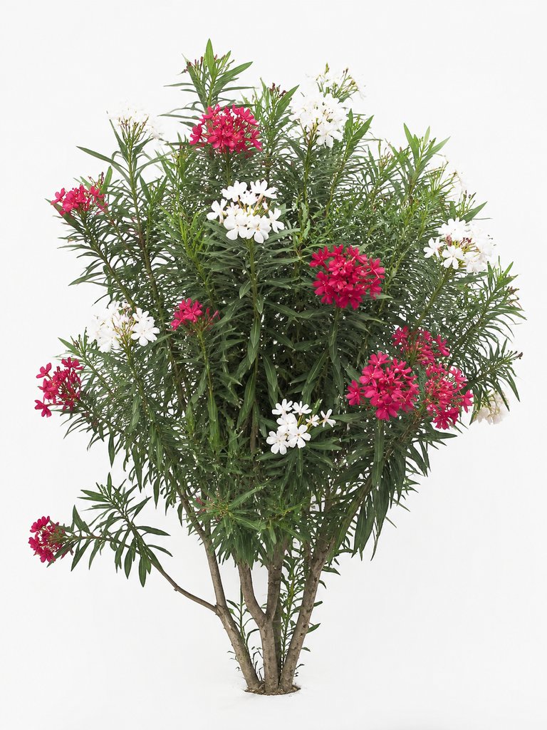 夹竹桃红白花丛，细长绿叶，写实风格植物3D参考图
