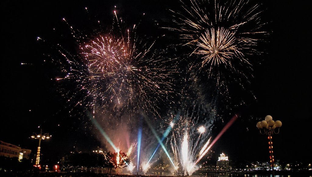 夜空中绽放的节日烟花,彩色光束与火花交织,怀旧写实风格