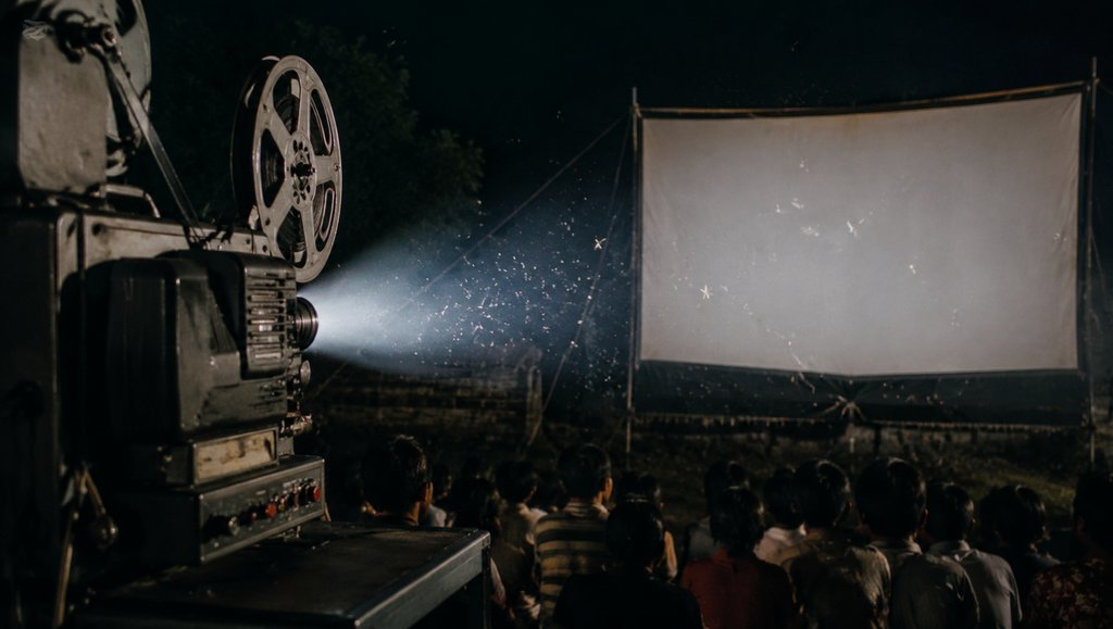 夜晚露天电影放映，投影机光束中浮尘与飞虫闪烁，观众面向白幕，怀旧写实风格