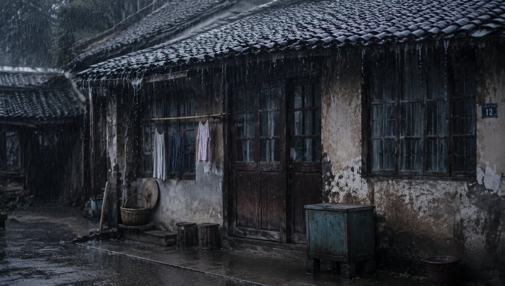 雨中老屋，瓦檐滴水，衣物悬挂，怀旧写实风格
