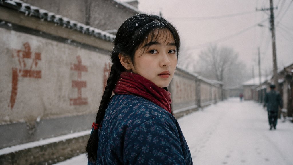 雪中少女，黑发麻花辫，红围巾，蓝花布衣，背景墙有红色标语，冬日怀旧写实风格