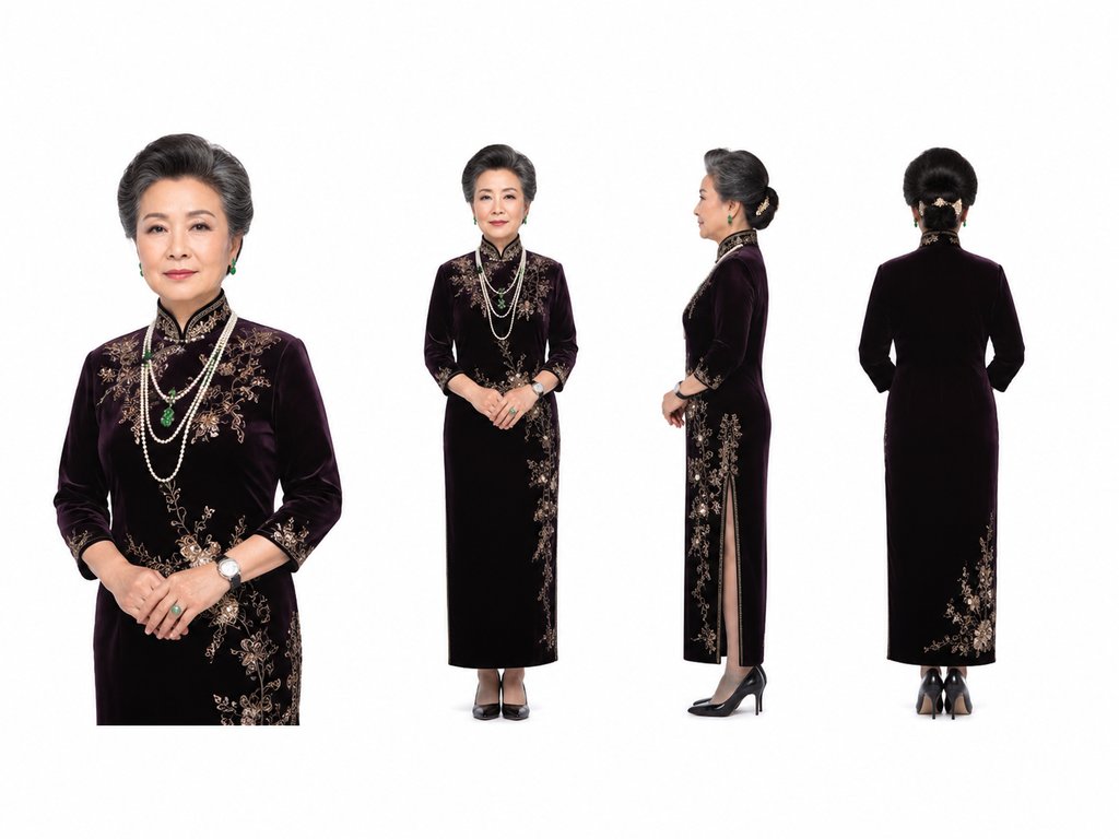 豪门老夫人身穿华贵旗袍,佩戴珍珠翡翠,雍容典雅,写实风格