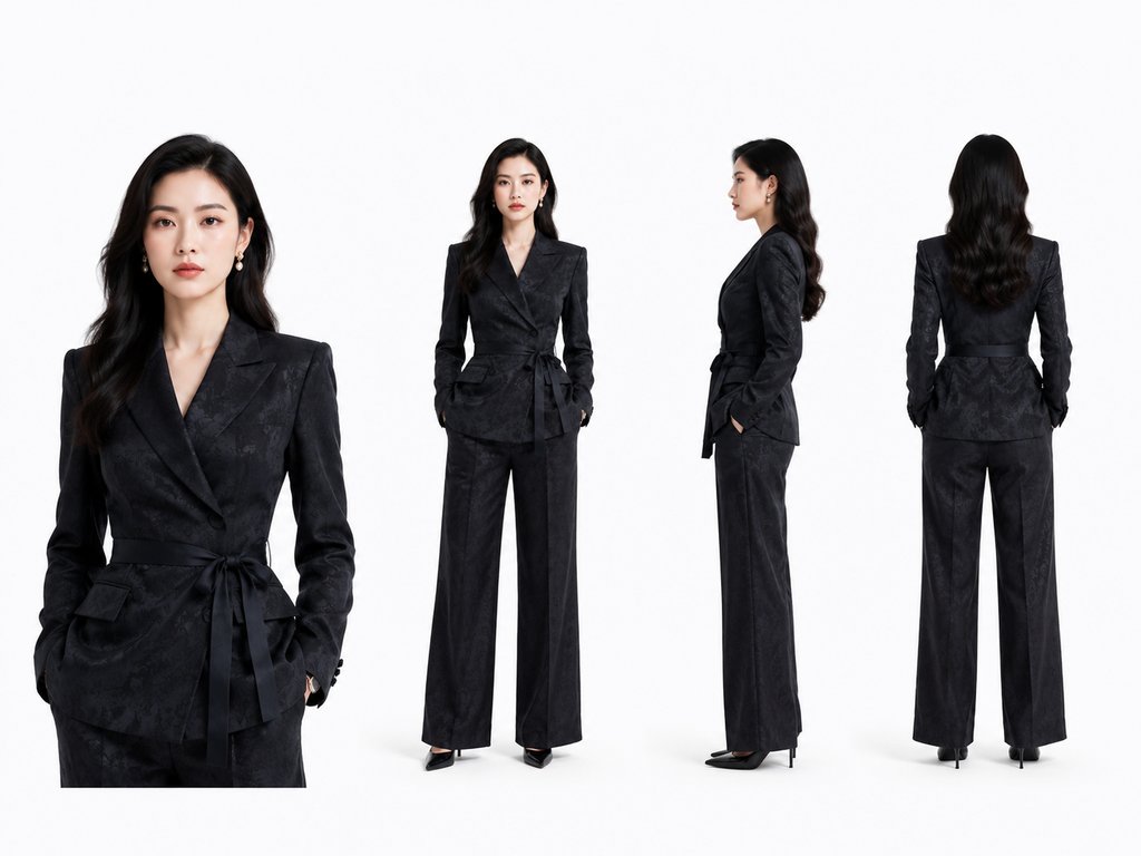 黑发女性身穿黑色花纹西装套装，系腰带，多角度展示，优雅从容，写实风格