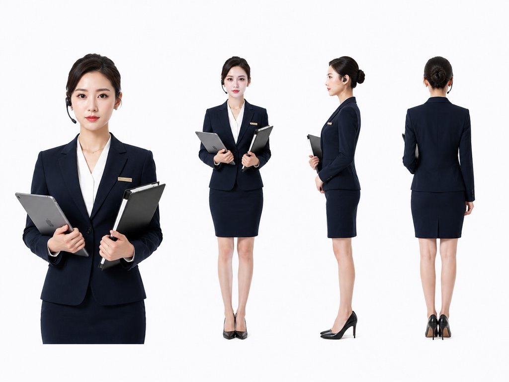 AI生成的私人秘书女性角色，身穿深蓝色职业套装，手持平板电脑，干练优雅，写实风格
