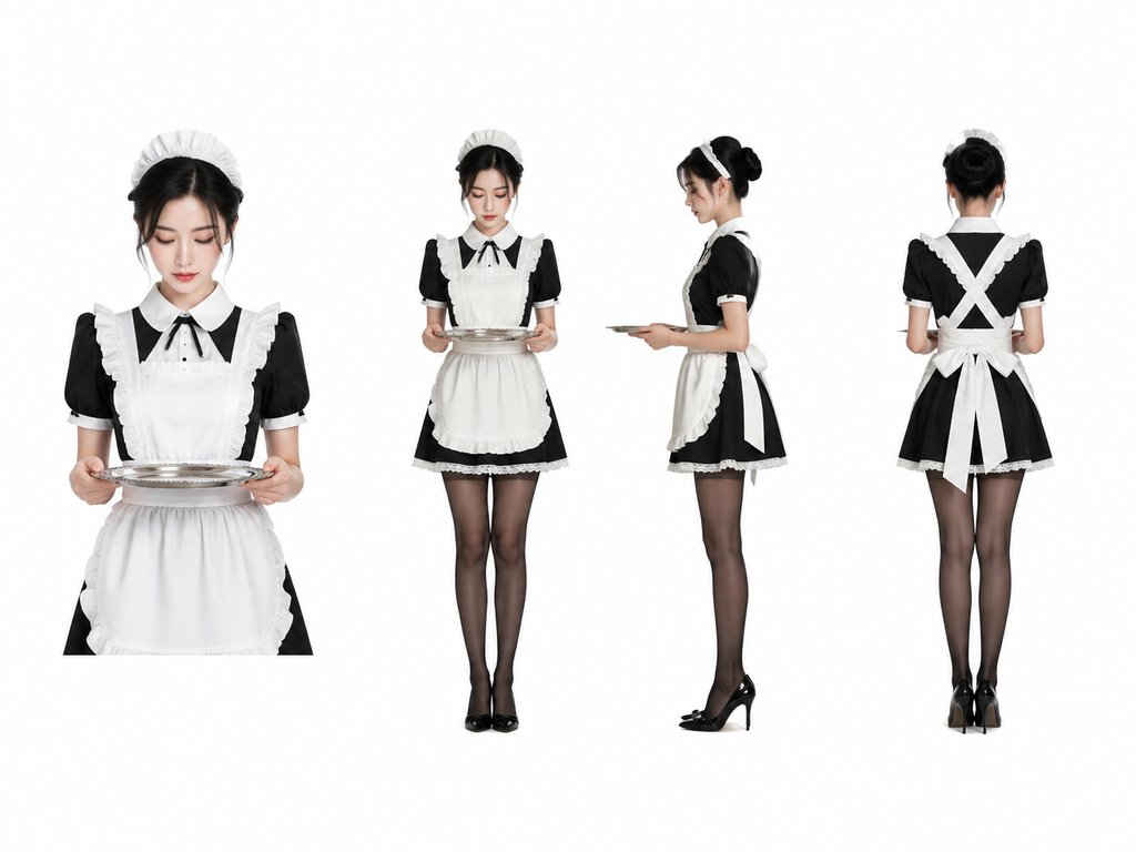 身穿黑白女仆制服的女性,手持托盘,恭谨姿态,写实风格