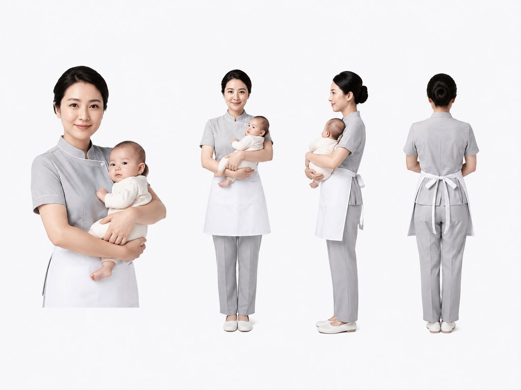 身穿整洁制服的月嫂抱着婴儿，多角度展示，写实风格