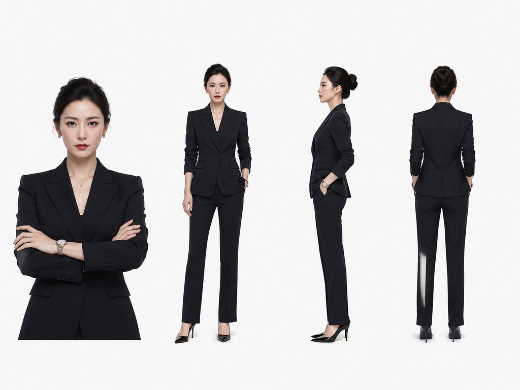 集团女总裁身穿黑色利落套装，佩戴名表，展现强势气质的写实角色图