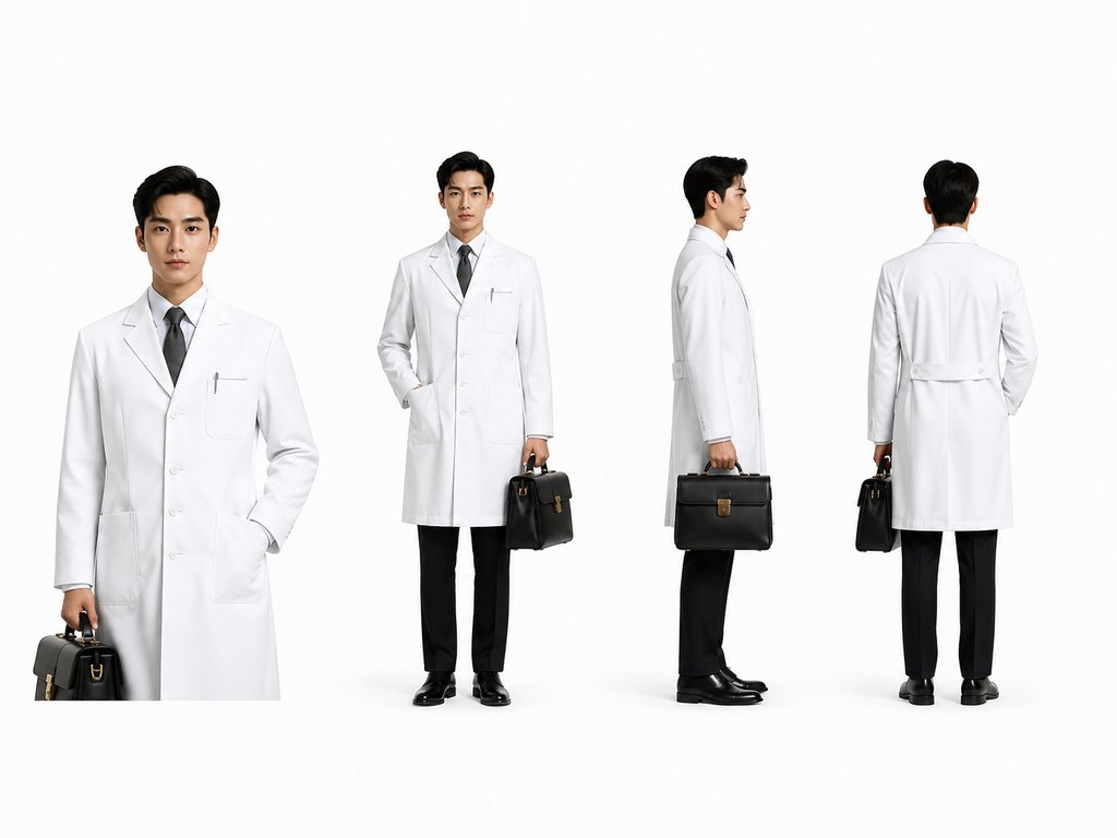 身穿白大褂的男性医生手持黑色器械箱，多角度展示，写实风格