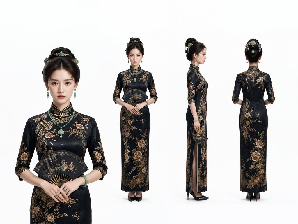 身穿华贵黑色刺绣旗袍的少女,手持折扇,古典优雅,AI生成写实风格角色