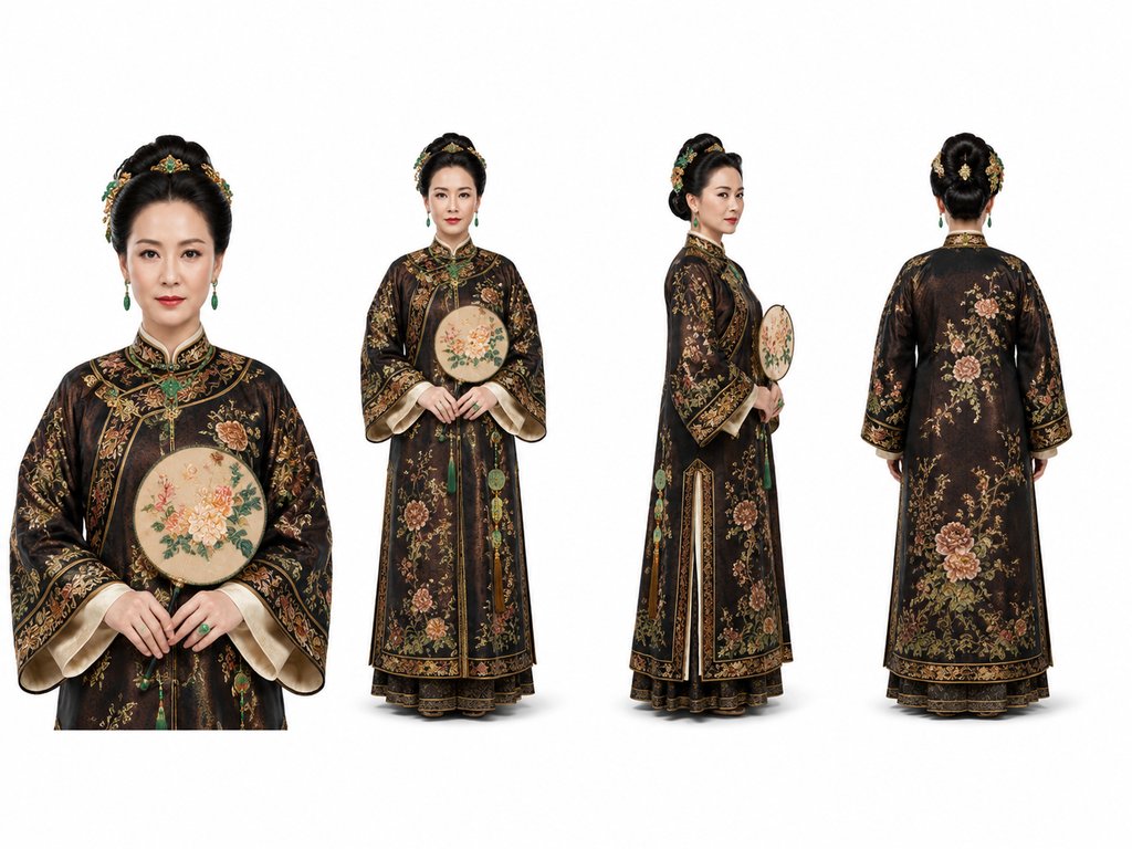 身穿华贵传统服饰的当家主母，手持团扇，佩戴翡翠饰品，展现豪门威仪