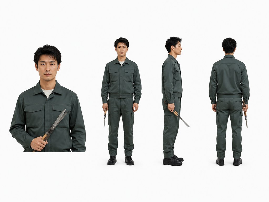 身穿深绿色工装的男性园丁，手持修剪工具，多角度展示，写实风格