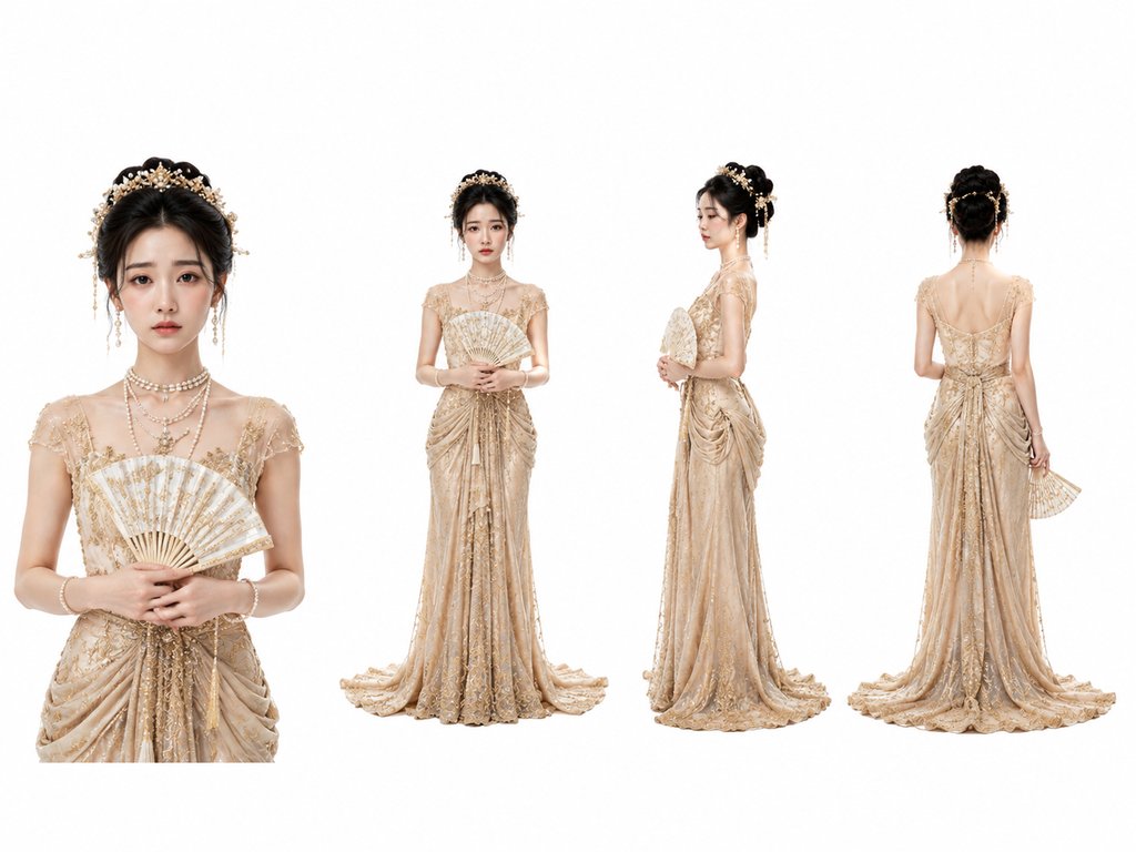 AI生成的豪门联姻棋子女角色，身着华丽金色礼服，手持折扇，佩戴珍珠饰品，古典优雅