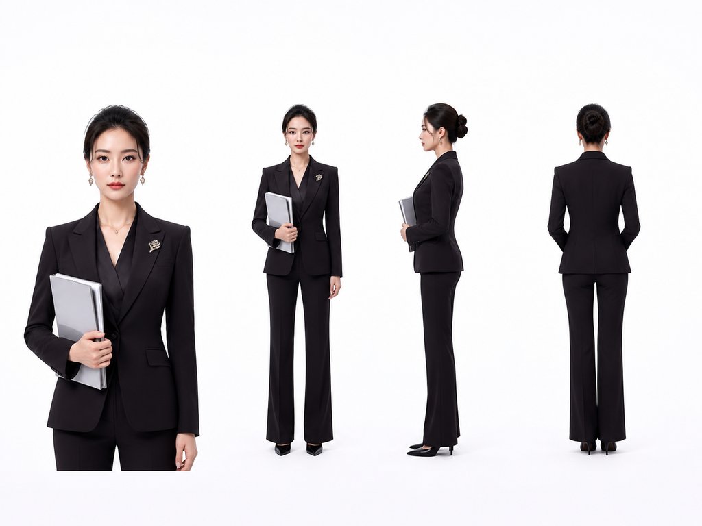AI生成的知性女军师，身穿黑色西装套装，手持文件，多角度展示，写实风格