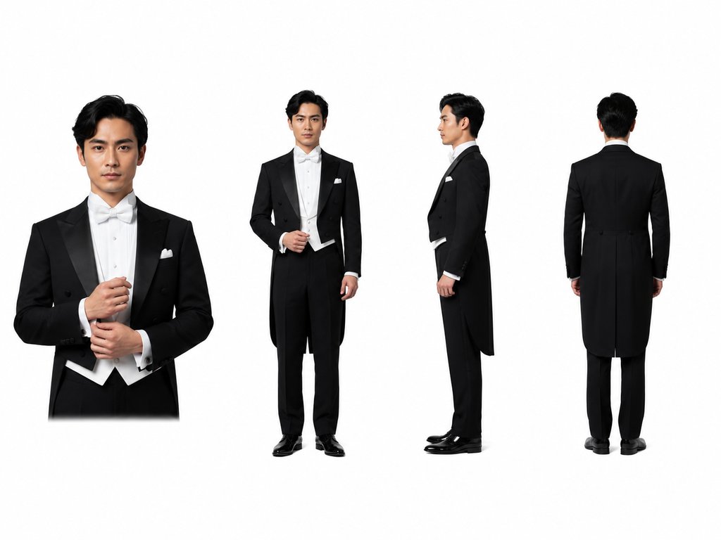 身穿黑色燕尾礼服的男性角色，正面、侧面和背面视角，写实风格