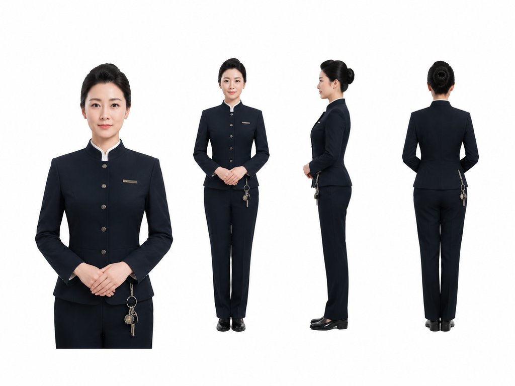女管家身穿深色制服，佩戴钥匙串，姿态利落，写实风格