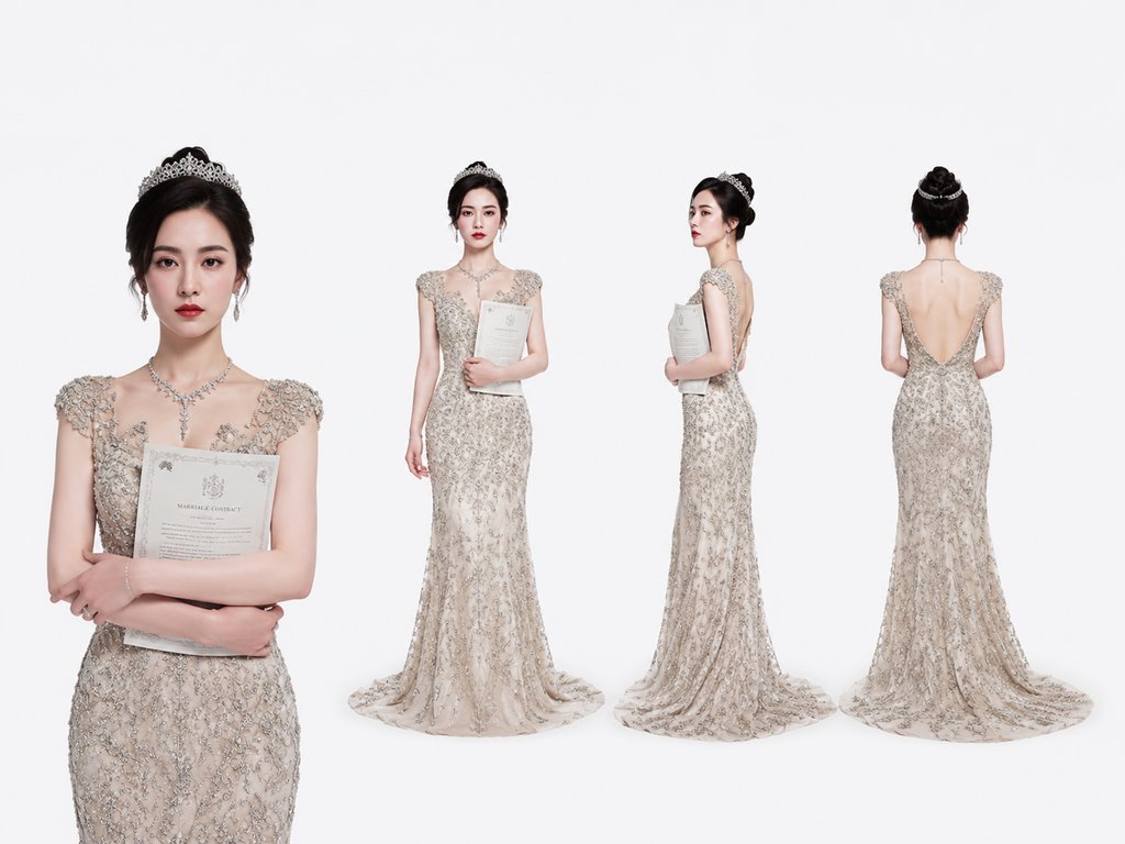 AI生成的豪门联姻反悔女角色，身穿华丽礼服，手持婚约文件，展现倔强决绝神情