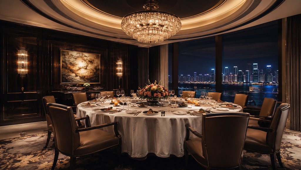 豪华米其林餐厅包间，圆形餐桌配水晶吊灯，夜景城市天际线背景，暖光氛围