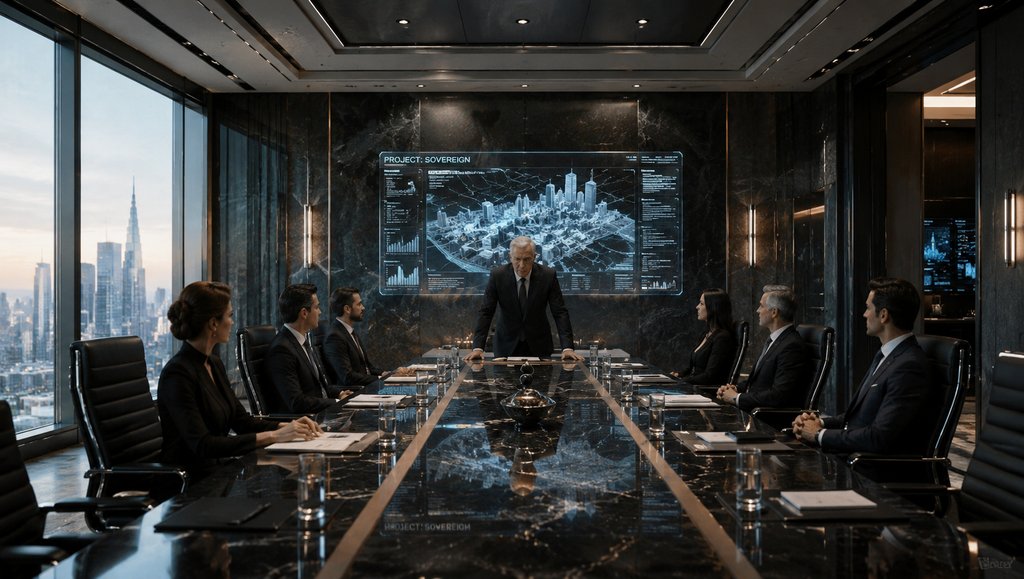 豪华董事会议室,长玻璃桌,皮椅,落地窗,城市天际线,AI生成写实场景