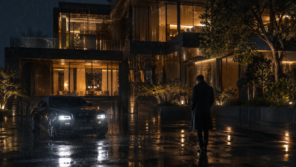 雨夜中豪华别墅前,一人背影伫立,豪车停驻,暖光透窗,写实奢华场景