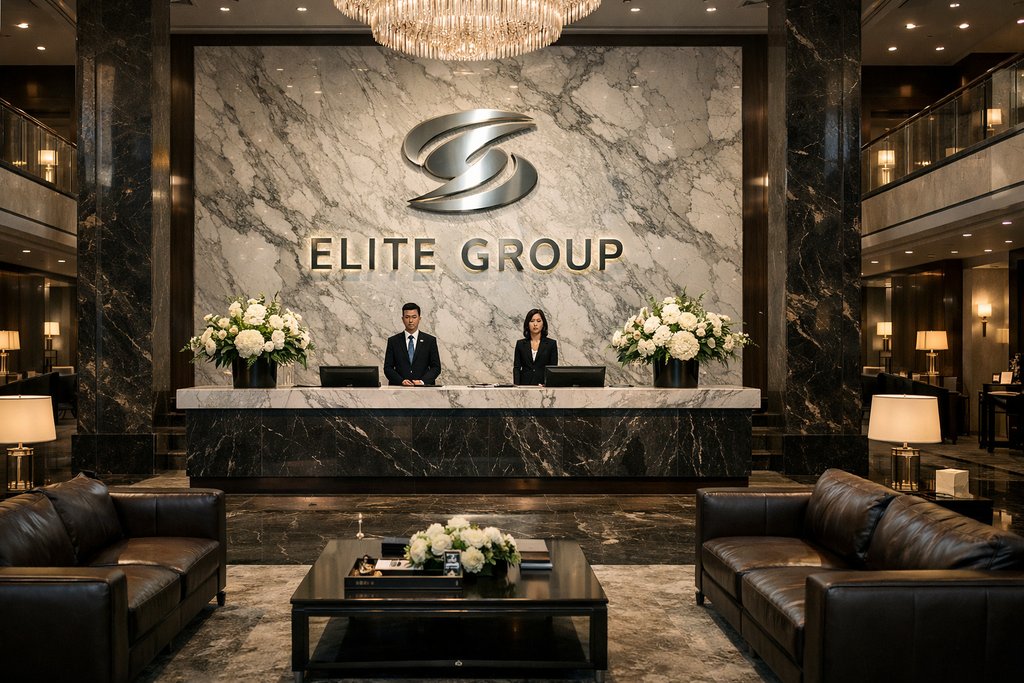 豪门接待大堂，大理石背景墙配Elite Group标志，前台花艺装饰，奢华写实风格