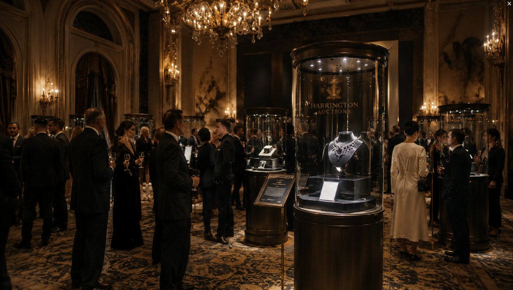 豪门拍卖预展厅内,名流云集,聚光展柜陈列珍品项链,奢华写实场景