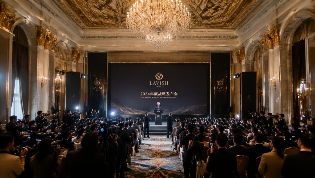 豪门记者发布会现场,奢华宴会厅内灯光璀璨,讲台前演讲者面对众多记者与闪光灯,背景为LAVISH品牌LOGO背板