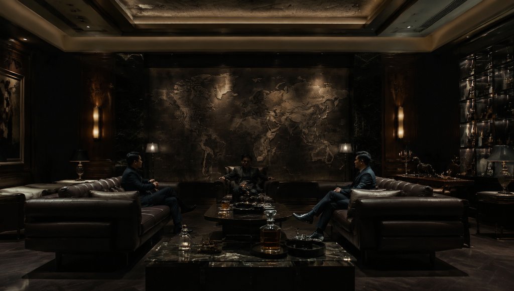三位男士在奢华密谈室中对坐，背景为暗色调世界地图，皮沙发与昏黄灯光营造神秘氛围