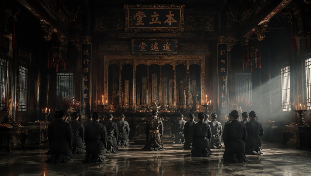 豪门家族祠堂内,众人跪拜祖先牌位,烛光映照庄严场景,写实风格