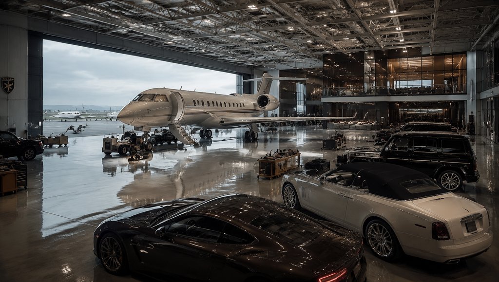 豪华私人停机库内停放公务机与名车，写实风格3D场景