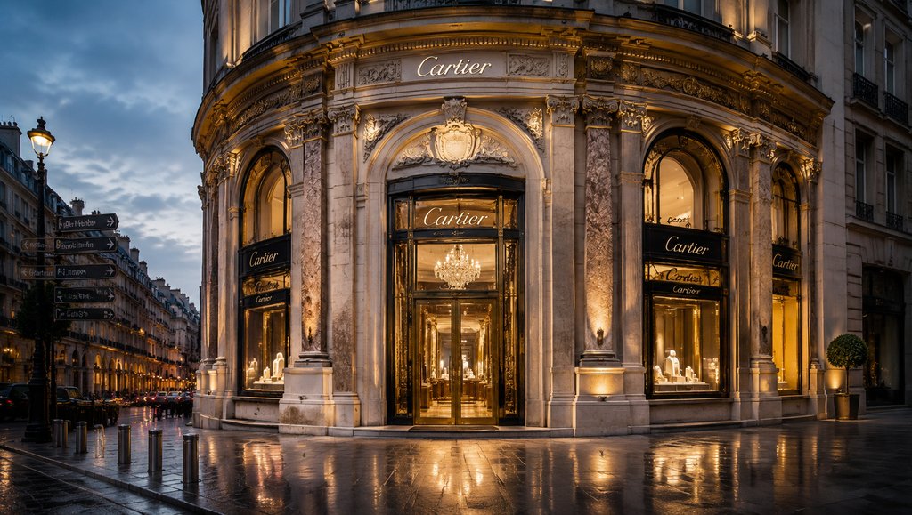 Cartier珠宝旗舰店夜景，华丽古典建筑立面，金色灯光映照玻璃橱窗与大门，雨后湿滑地面倒影，奢华写实风格